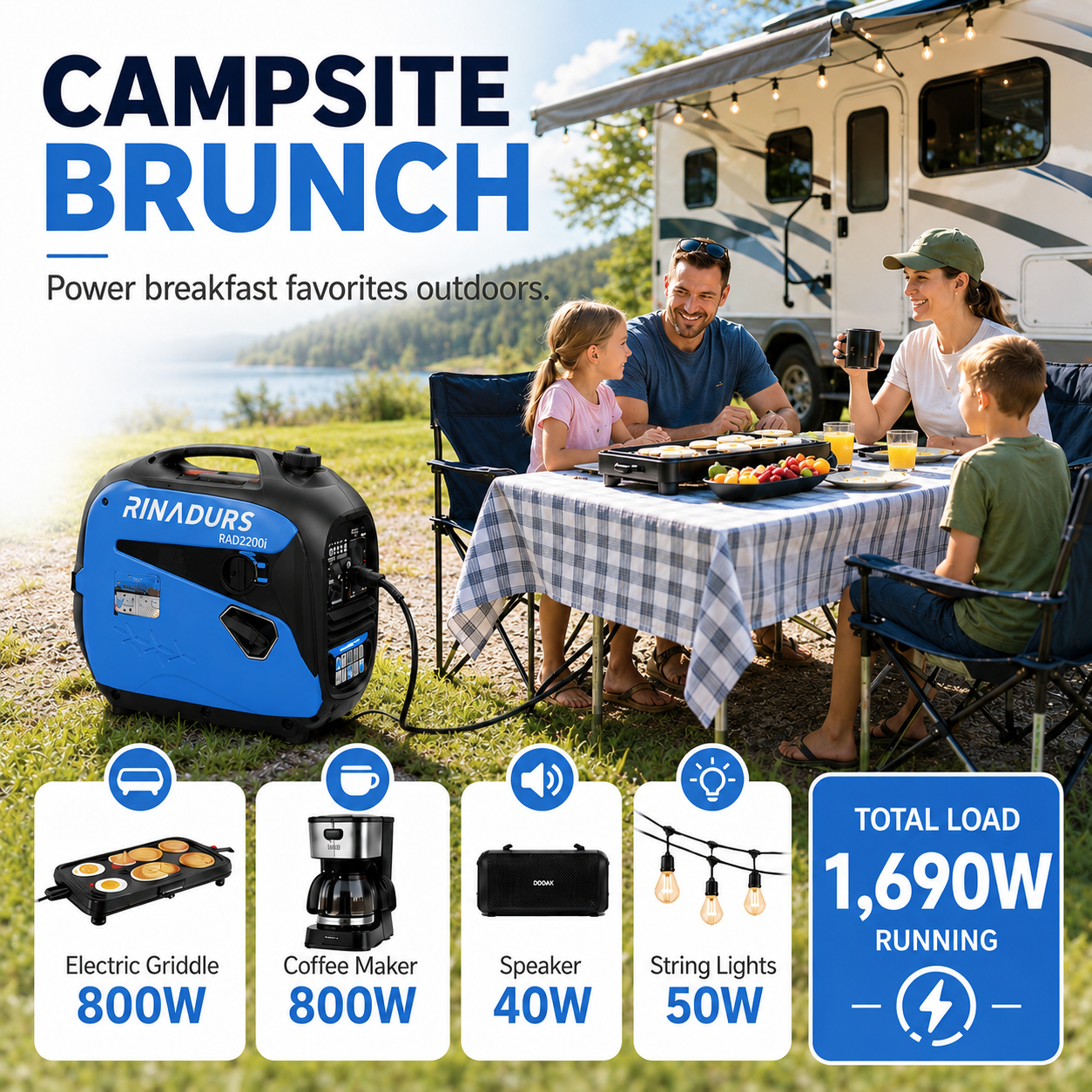 RINADURS 2200W Portable Inverter Generator, Fuel Efficient Gas Powered Generator with CO Sensor, Parallel Ready, Lightweight Power for Camping, Tailgating, Outdoor Use and Emergency Backup