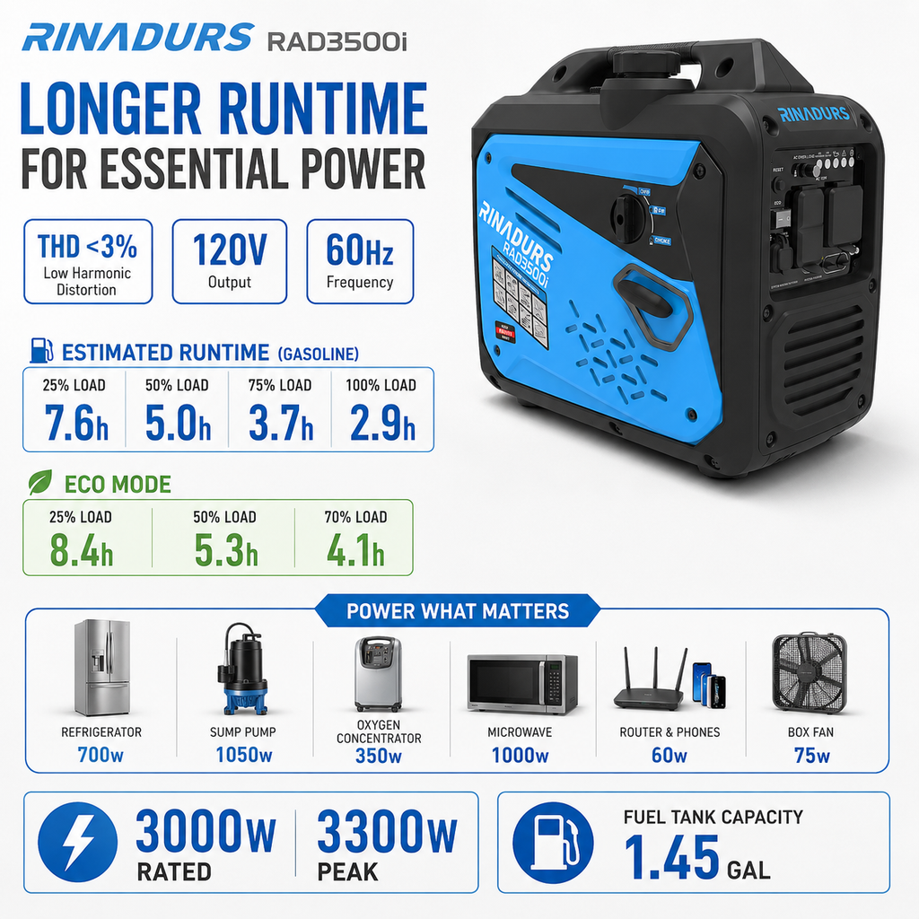 RINADURS 3500W Peak Portable Inverter Generator, Gas Powered Home Emergency Backup Generator with CO Sensor, Parallel Ready for Camping, RV Essentials and Outdoor Use