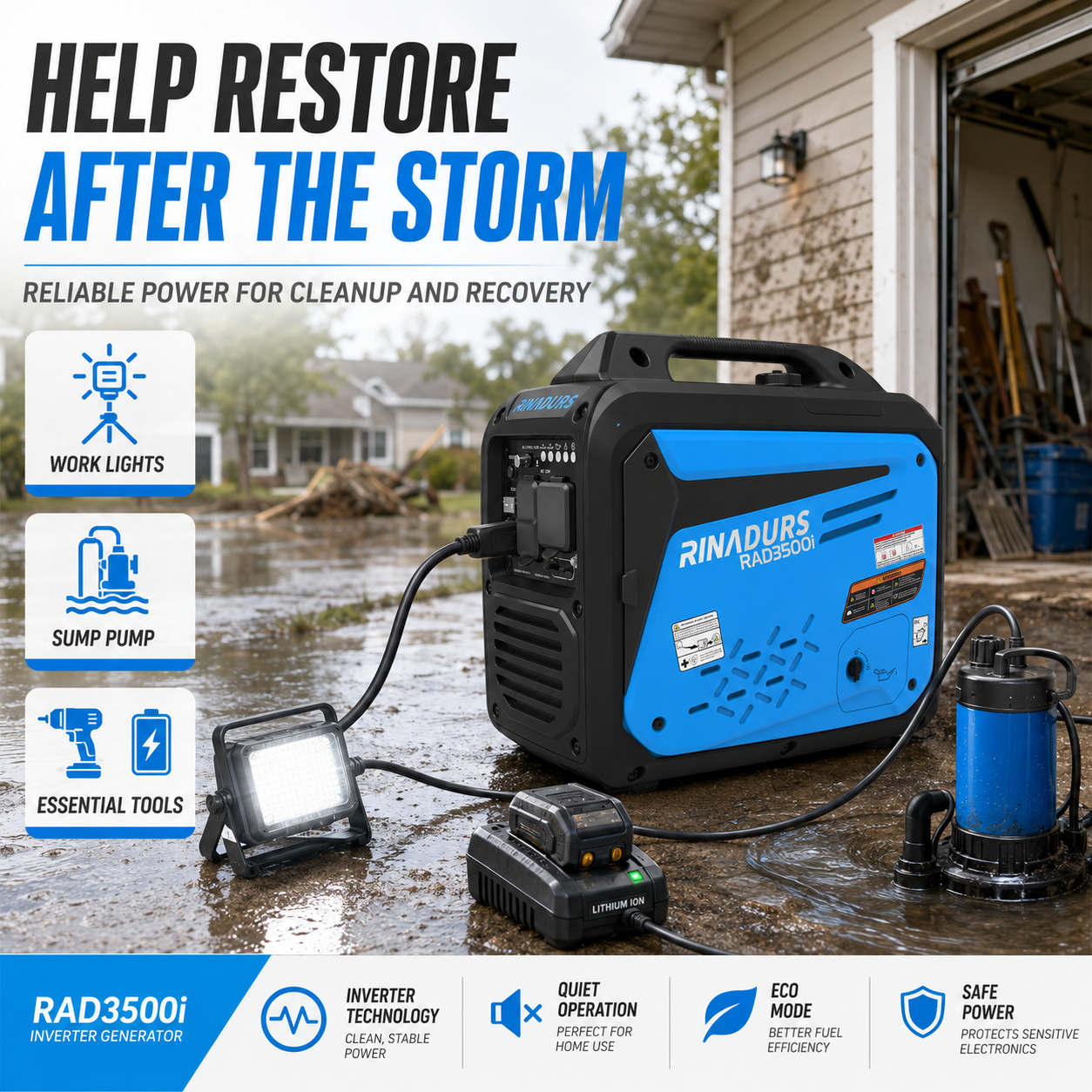 RINADURS 3500W Peak Portable Inverter Generator, Gas Powered Home Emergency Backup Generator with CO Sensor, Parallel Ready for Camping, RV Essentials and Outdoor Use