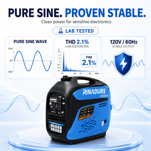RINADURS 2200W Portable Inverter Generator, Fuel Efficient Gas Powered Generator with CO Sensor, Parallel Ready, Lightweight Power for Camping, Tailgating, Outdoor Use and Emergency Backup