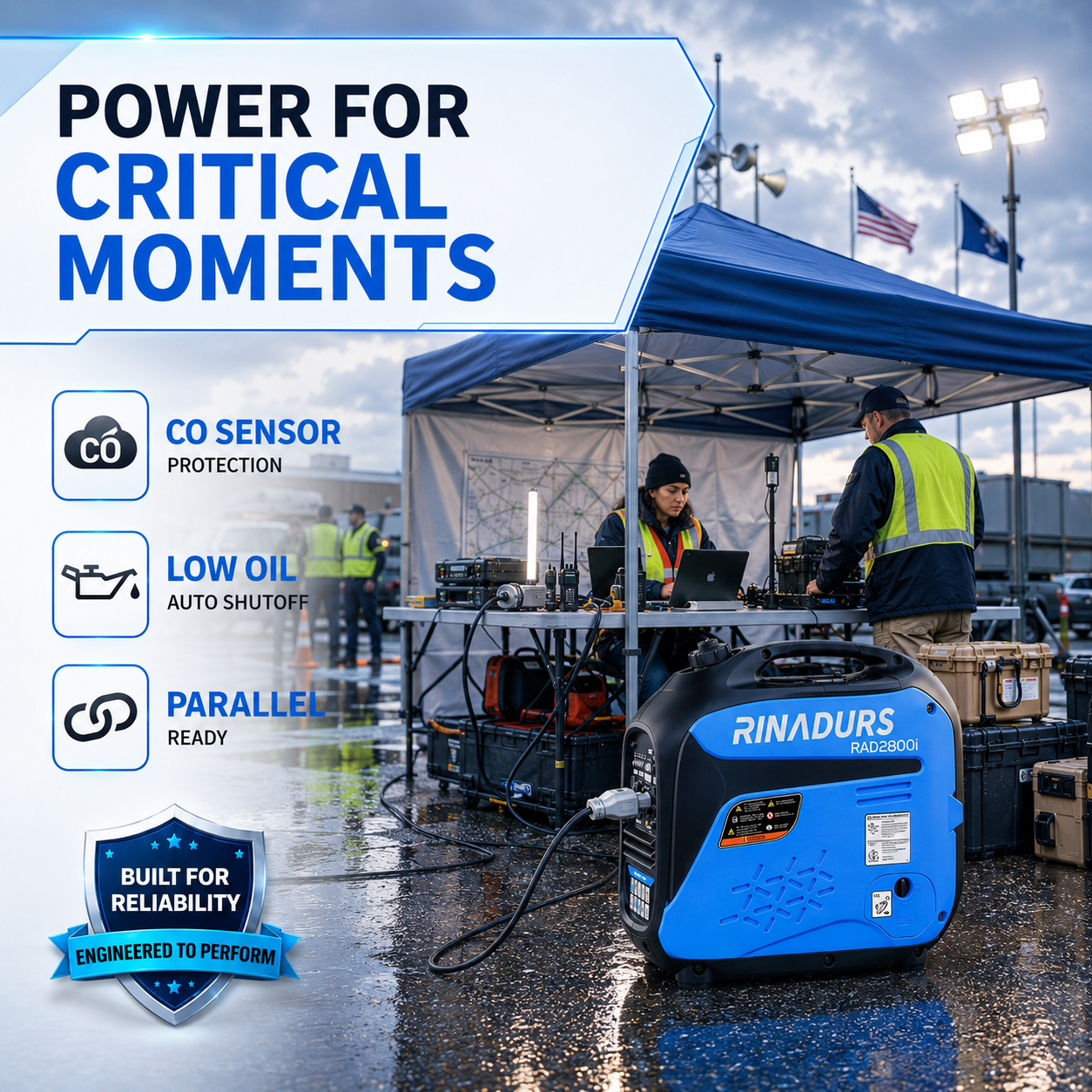 RINADURS 2800W Peak Portable Inverter Generator, Fuel Efficient Gas Powered Generator with CO Sensor, Parallel Ready for Camping, Tailgating, Outdoor Use and Emergency Backup