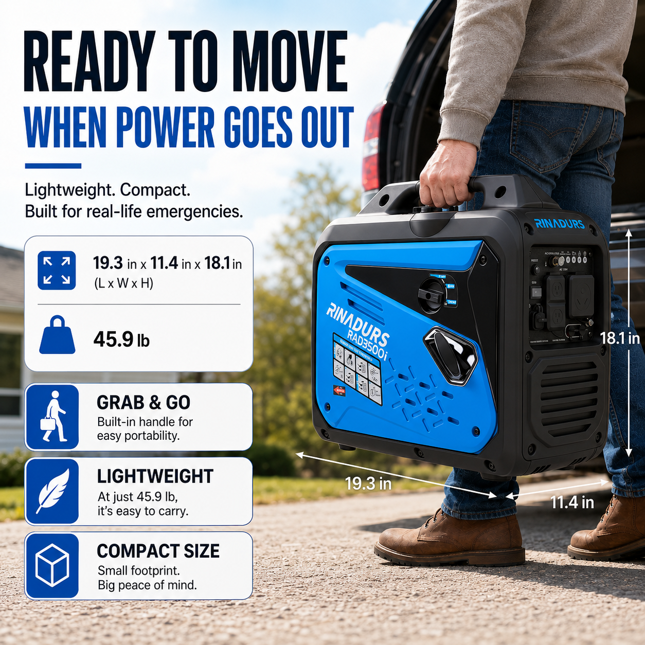 RINADURS 3500W Peak Portable Inverter Generator, Gas Powered Home Emergency Backup Generator with CO Sensor, Parallel Ready for Camping, RV Essentials and Outdoor Use