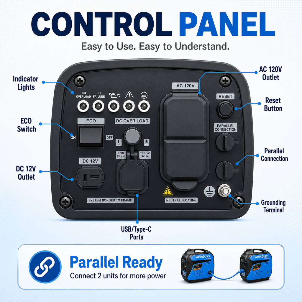 RINADURS 2200W Portable Inverter Generator, Fuel Efficient Gas Powered Generator with CO Sensor, Parallel Ready, Lightweight Power for Camping, Tailgating, Outdoor Use and Emergency Backup