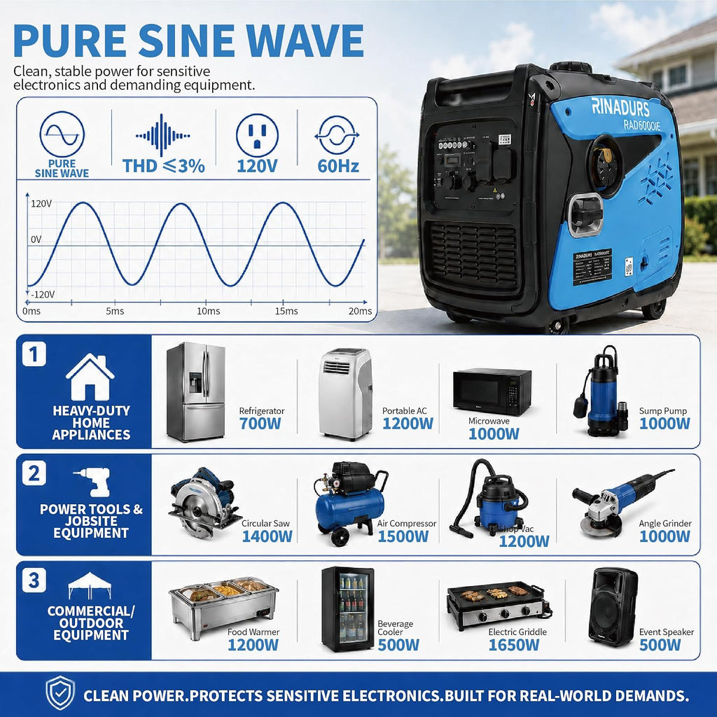 RINADURS 6000W Peak Portable Inverter Generator, Gas Powered Electric Start Generator with CO Sensor for Home Backup, Emergency Power, Food Truck, Jobsite and Outdoor Use