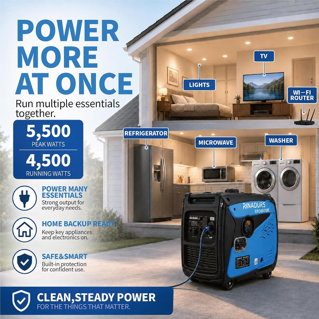 RINADURS 6000W Peak Portable Inverter Generator, Gas Powered Electric Start Generator with CO Sensor for Home Backup, Emergency Power, Food Truck, Jobsite and Outdoor Use