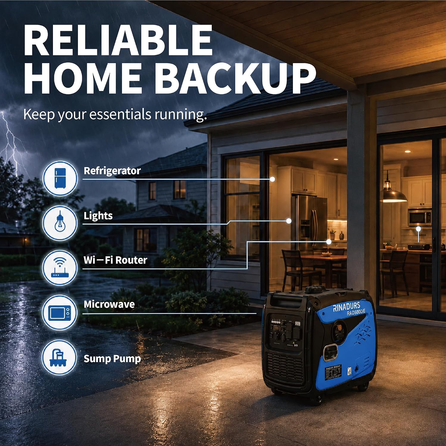 RINADURS 6000W Peak Portable Inverter Generator, Gas Powered Electric Start Generator with CO Sensor for Home Backup, Emergency Power, Food Truck, Jobsite and Outdoor Use